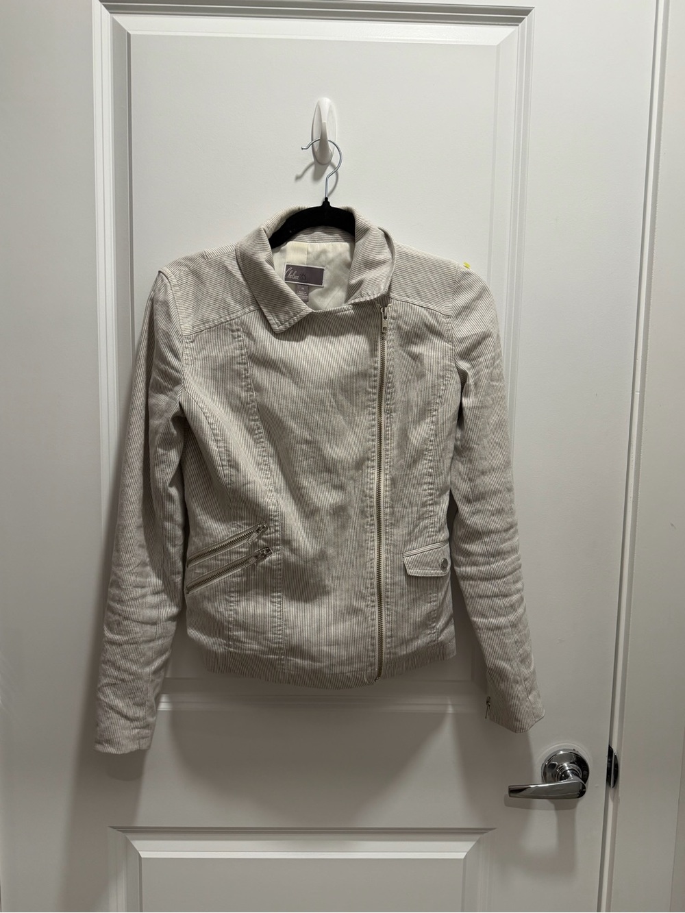 Chelsea28 White and Blue Striped Linen-Blend Moto Jacket